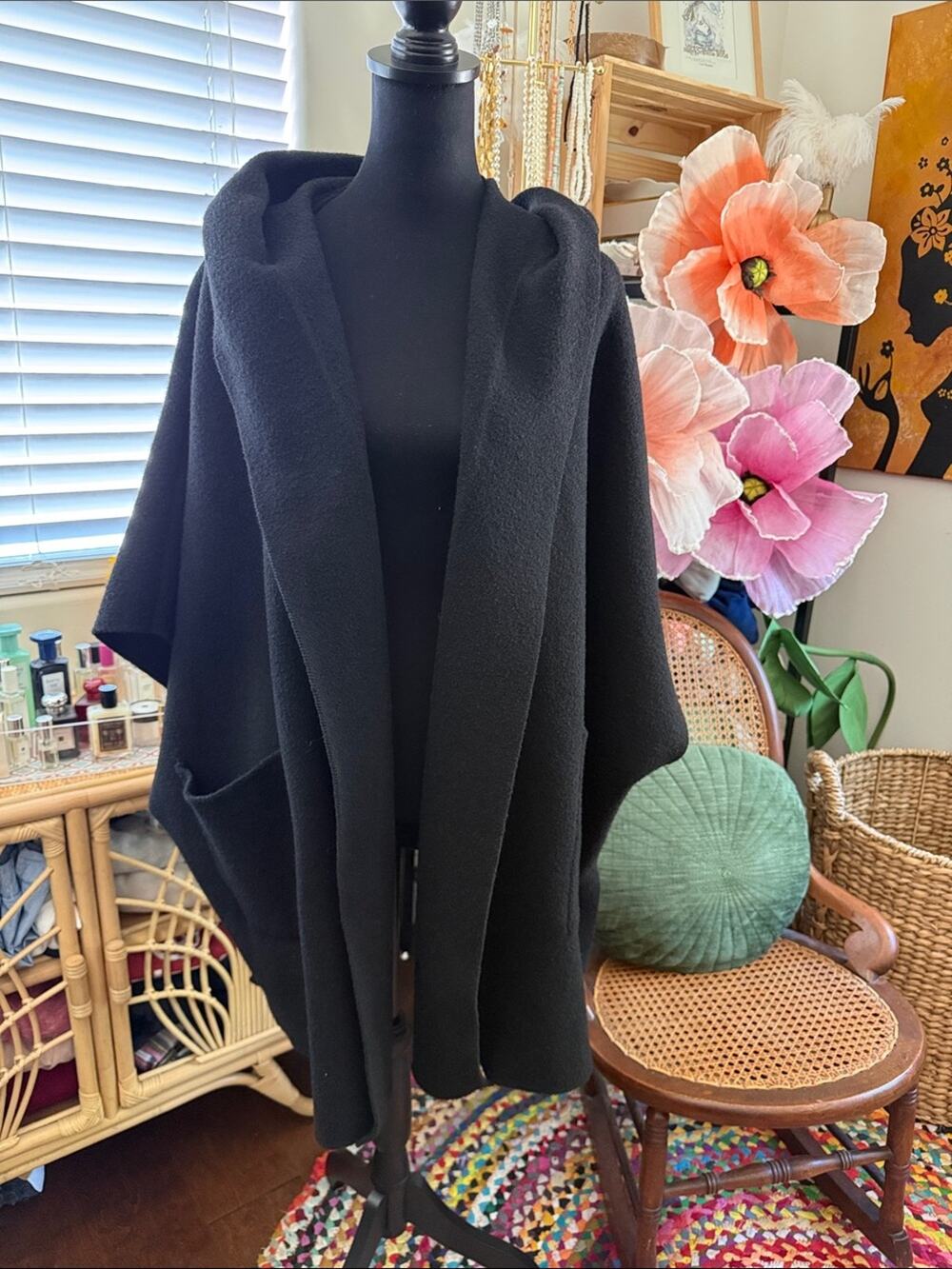 Free People All I Need Black Open Front Hooded Boho Witchy Cloak Cardi Duster